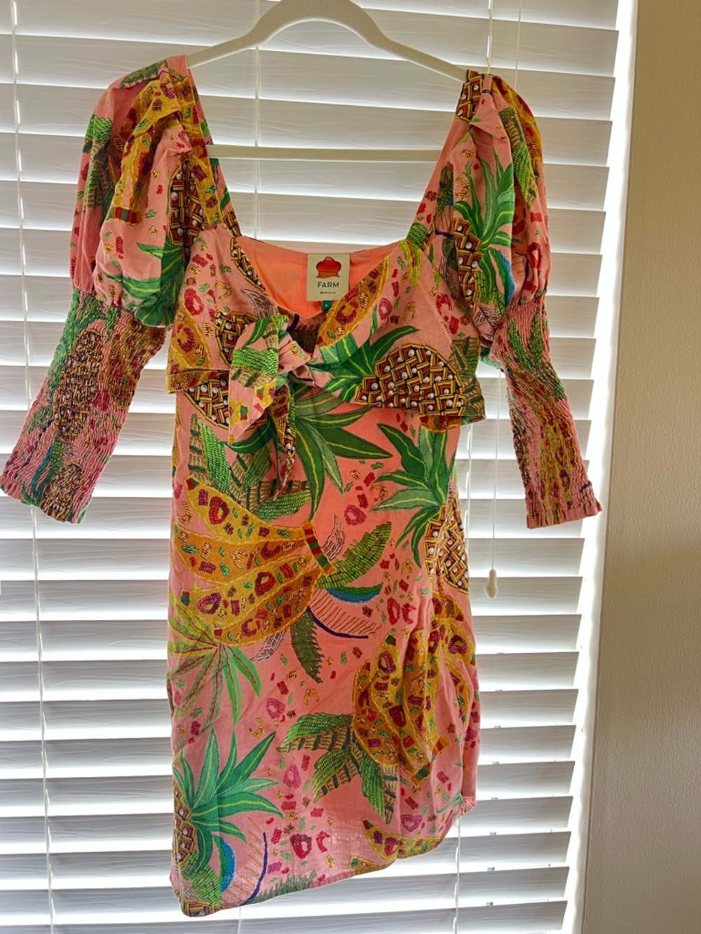 Farm Rio sz S Pineapple Tie-Front Mini Dress - Pink & Green - Picture 6 of 6